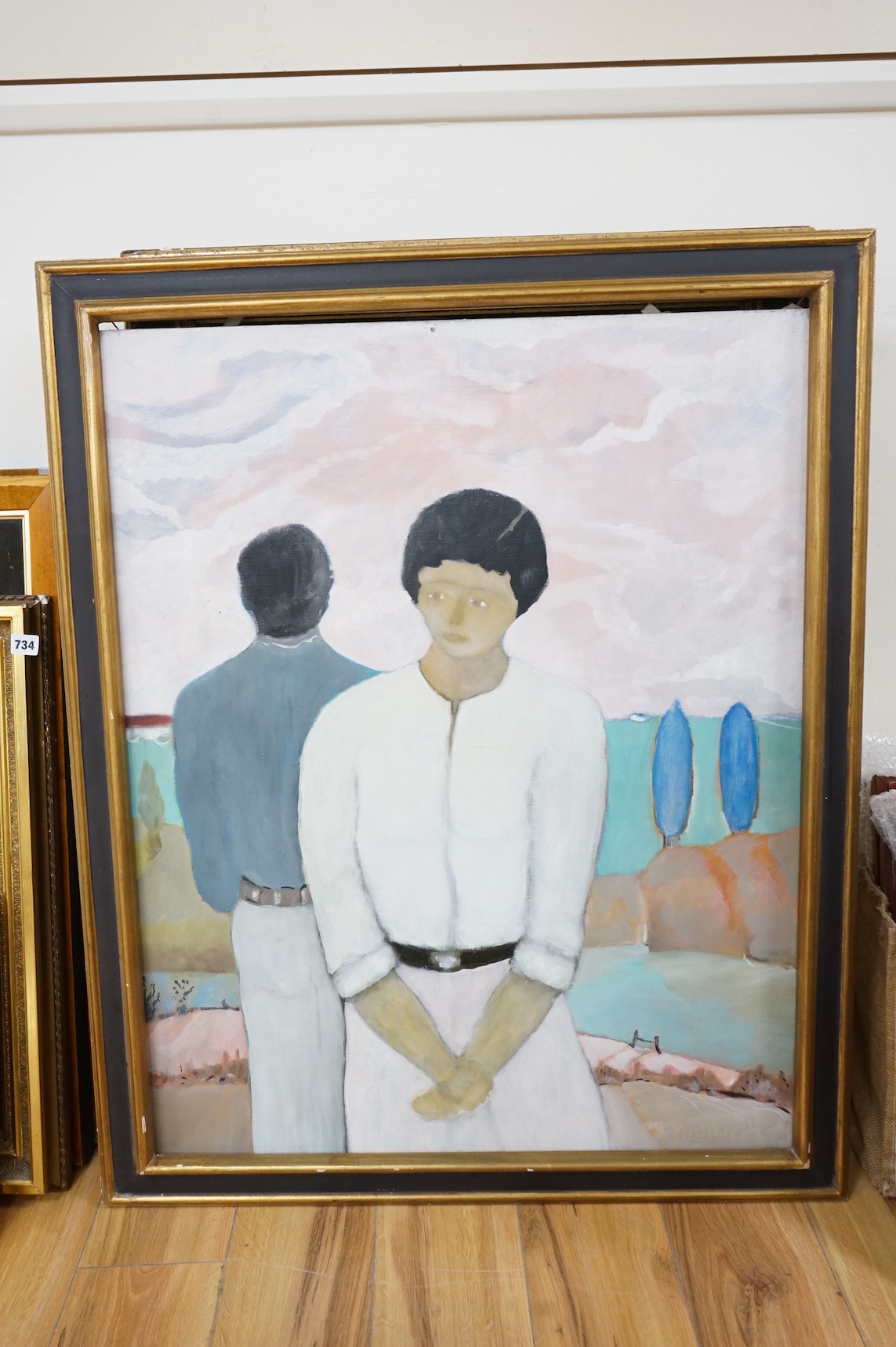 Castillaro, Study of two figures, oil on canvas, together with two portraits of Jackie Onassis, one signed Hohl and another dated 1.2.77, largest 90 x 71cm